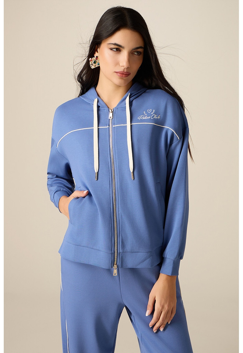 Hanorac cu model brodat si fermoar - Albastru pastel