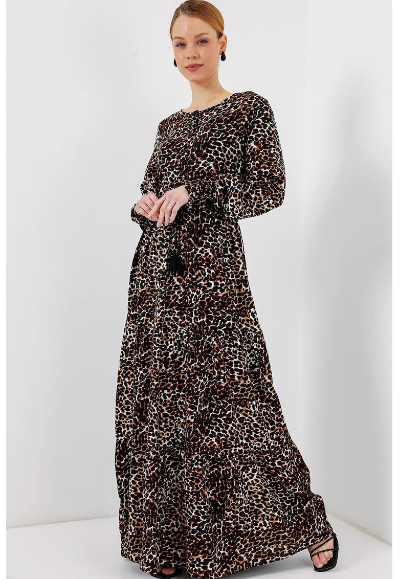 Rochie Maxi Florala dama - Guler Rotund - Inchidere cu Nasturi - Multicolor - Viscoza