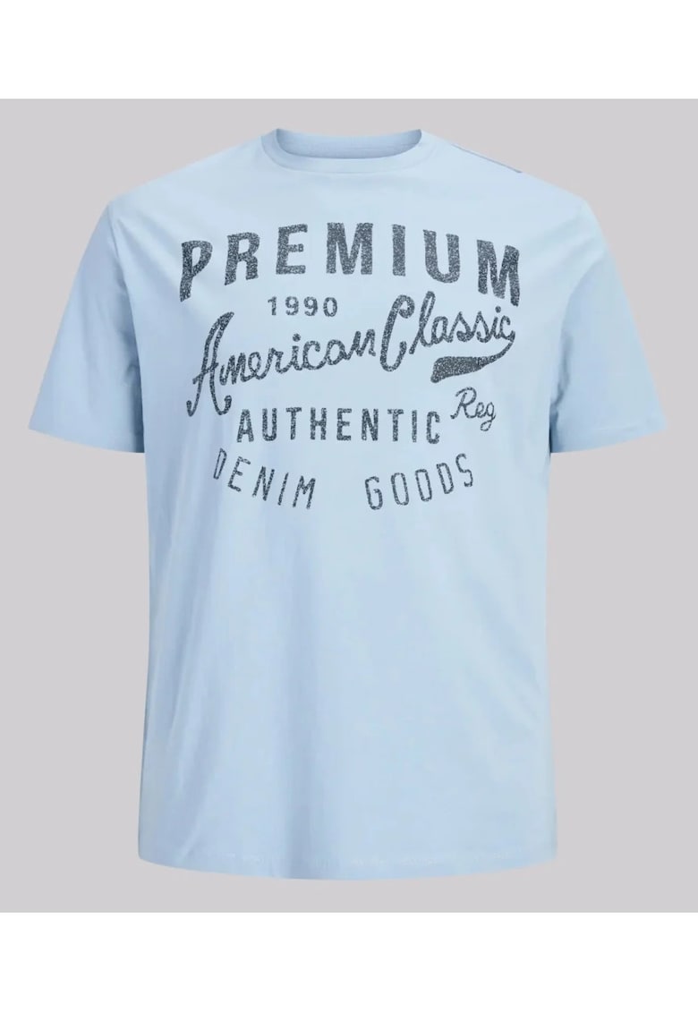 Plus Tricou barbati big sizes - cu decolteu la baza gatului si imprimeu cu text - Albastru deschis
