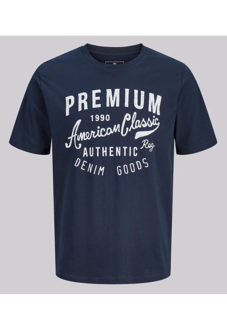 Plus Tricou barbati big sizes - cu decolteu la baza gatului si imprimeu cu text - Bleumarin inchis