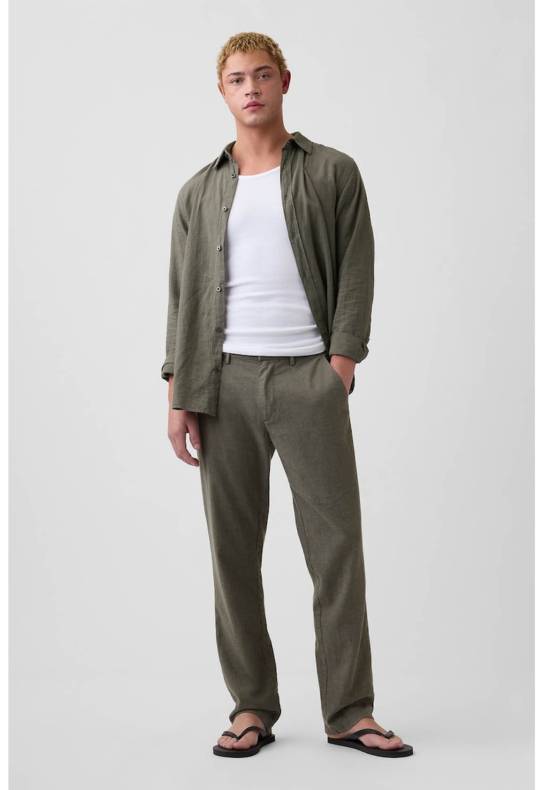Pantaloni chino uni din amestec de in - Verde feriga