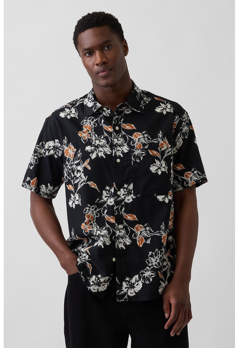 Camasa cu design floral si nasturi - Negru/Portocaliu stins