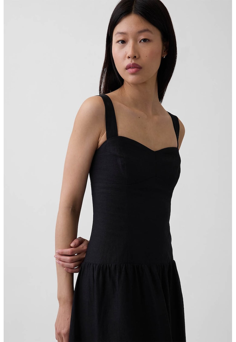 Rochie midi din amestec de in cu terminatie contrastanta - Negru/Bej deschis