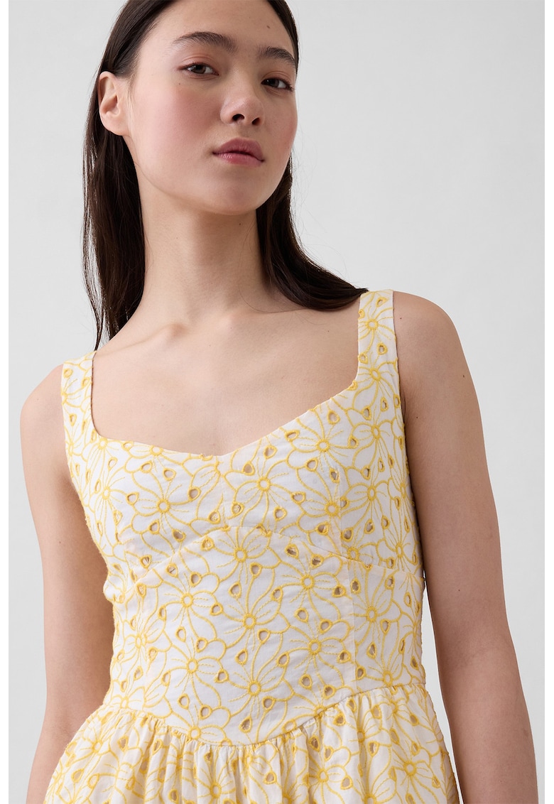 Rochie evazata lunga - Alb/Galben sofran
