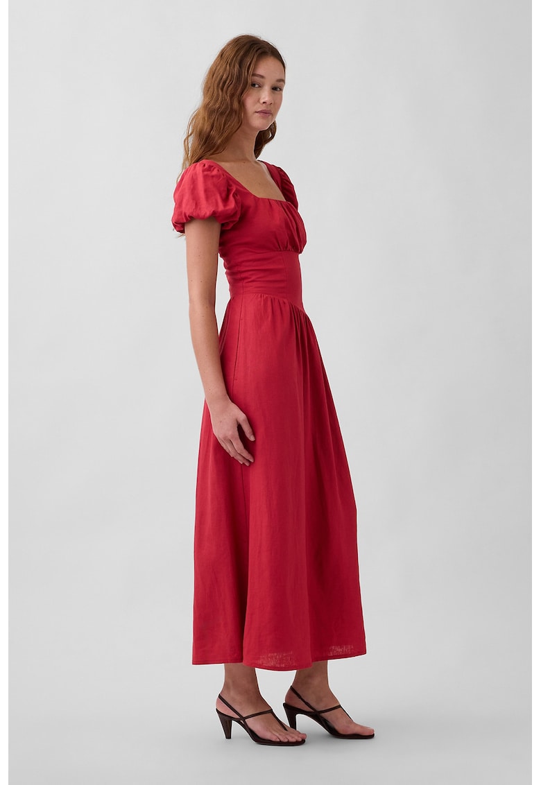 Rochie Empire din amestec de in cu decolteu patrat - Rosu cireasa