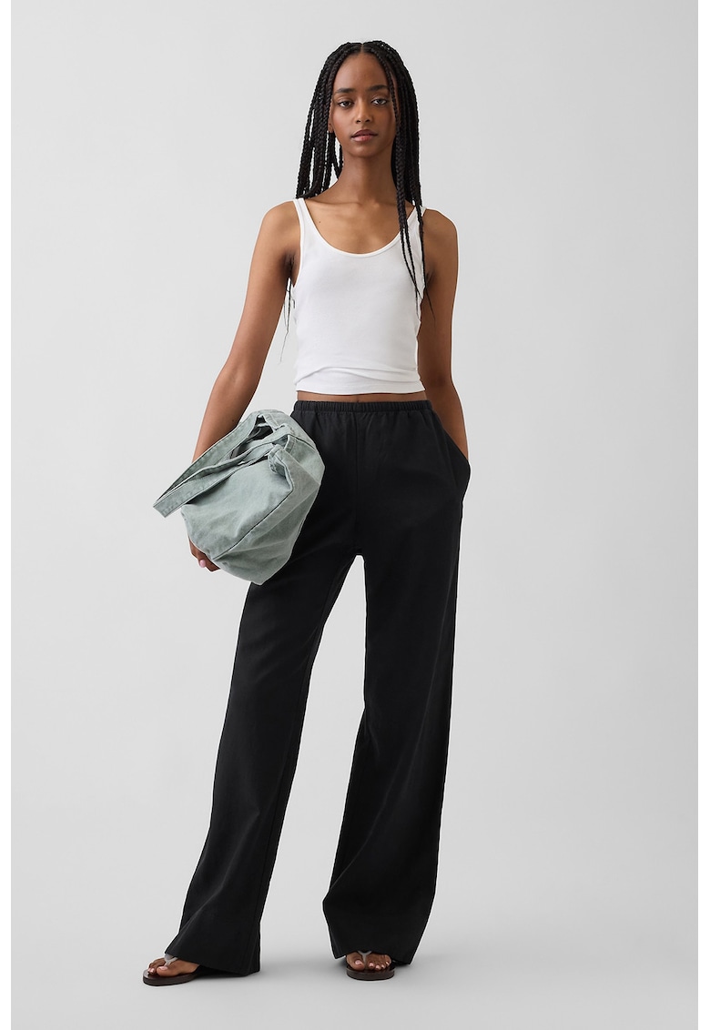 Pantaloni din in cu croiala ampla si talie elastica - Negru