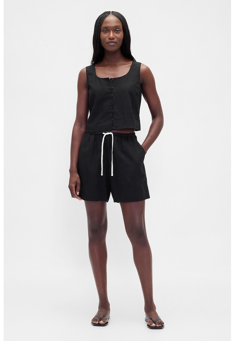 Pantaloni scurti din amestec de in cu snur - Negru -