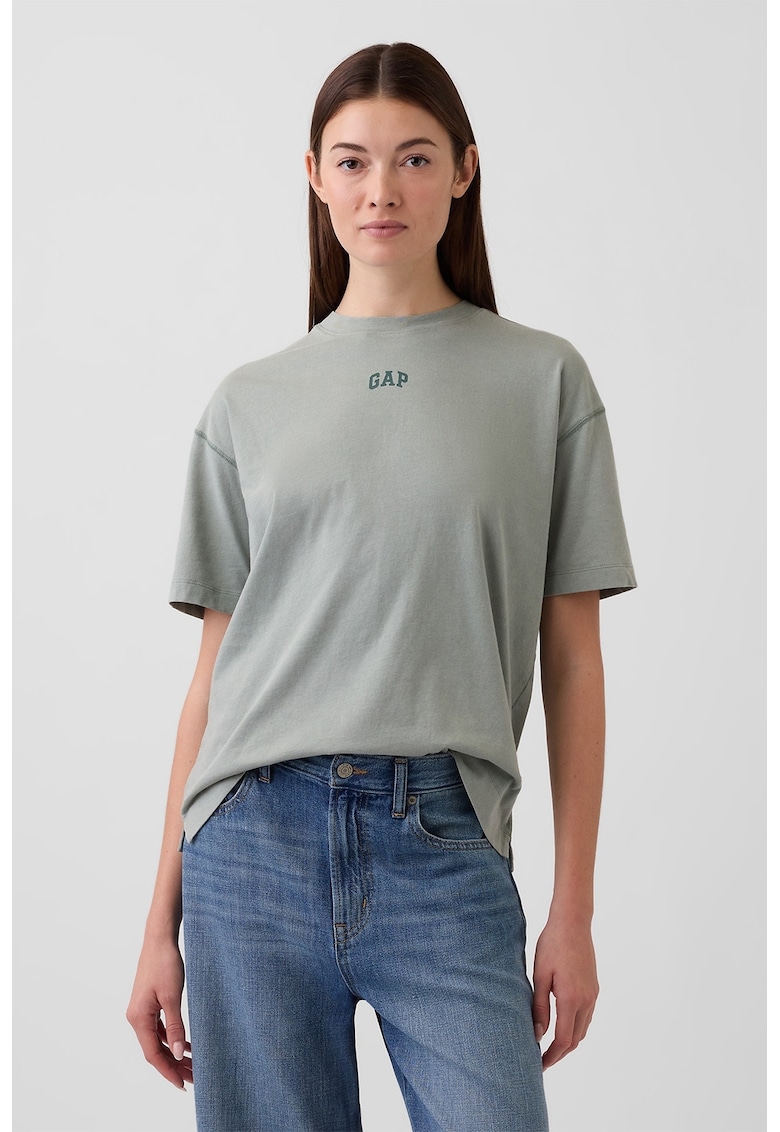 Tricou supradimensionat din bumbac organic cu imprimeu logo - Verde feriga