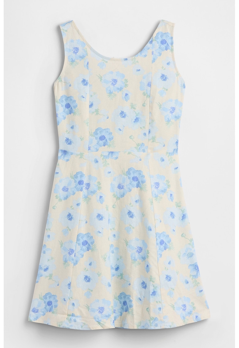 Rochie evazata din amestec de in cu model floral - Albastru pastel/Alb fildes/Galben