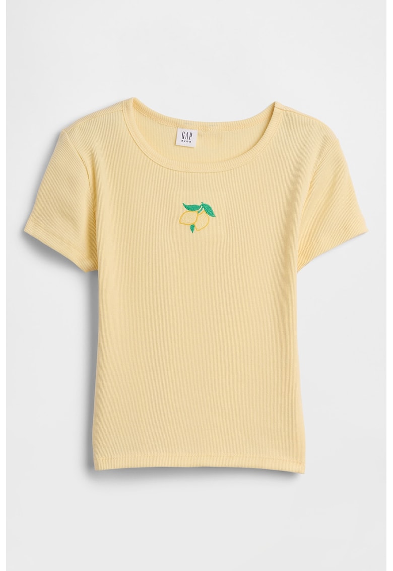 Tricou striat cu broderie cu fructe - Portocaliu deschis