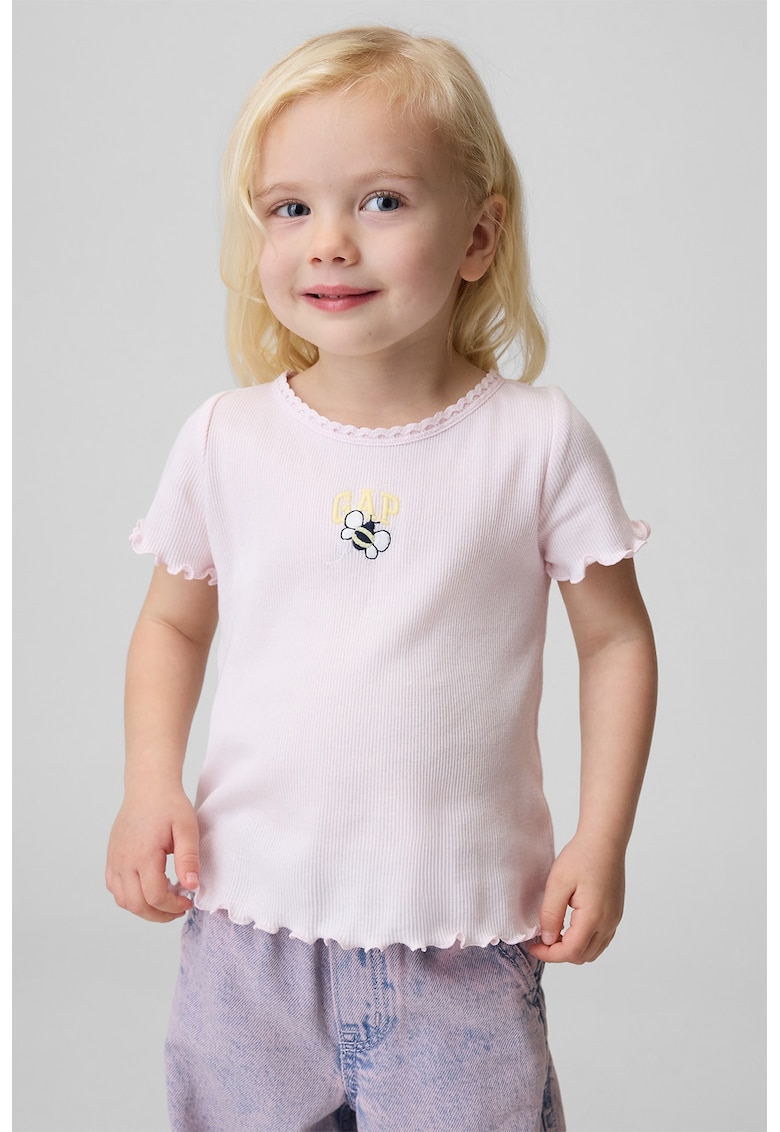 Tricou din bumbac cu decolteu la baza gatului - Roz pal