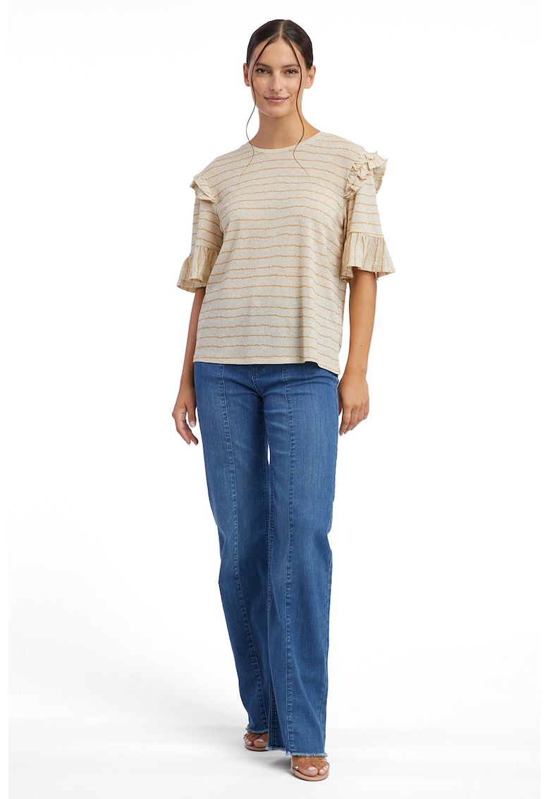 Bluza in dungi cu volane - Bej