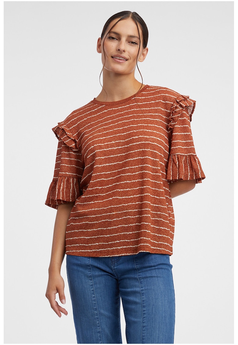 Bluza in dungi cu volane - Maro scortisoara