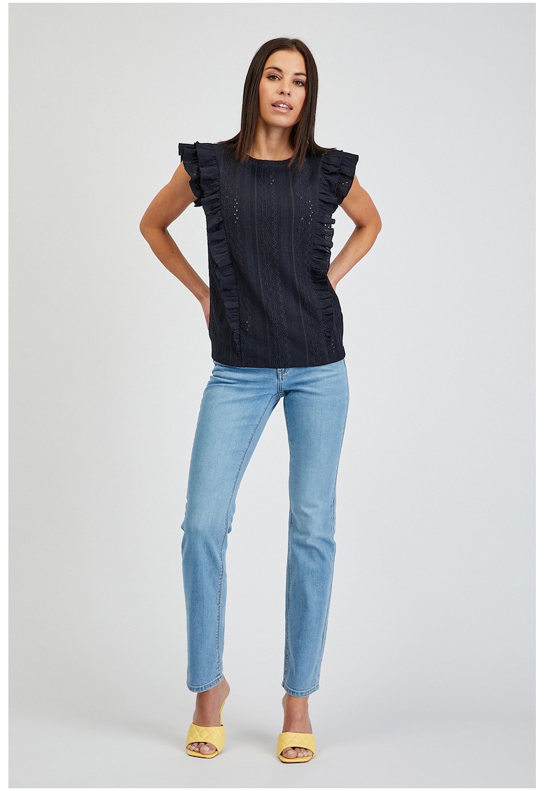 Bluza brodata cu garnituri cu volane - Bleumarin