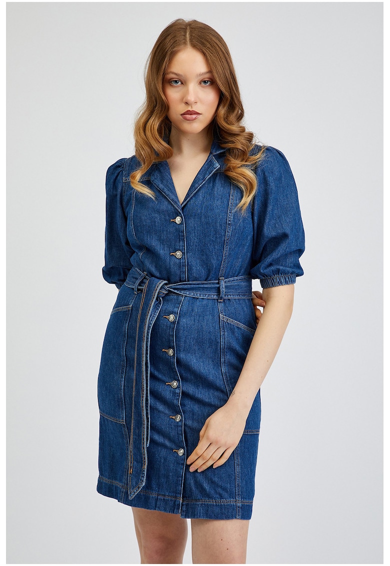 Rochie de denim cu maneci bufante si cordon in talie - Bleumarin