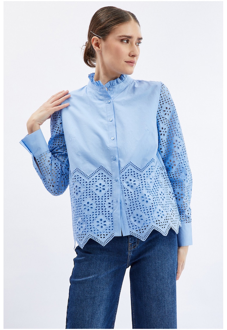 Camasa de bumbac cu broderie San Gallo - Albastru deschis