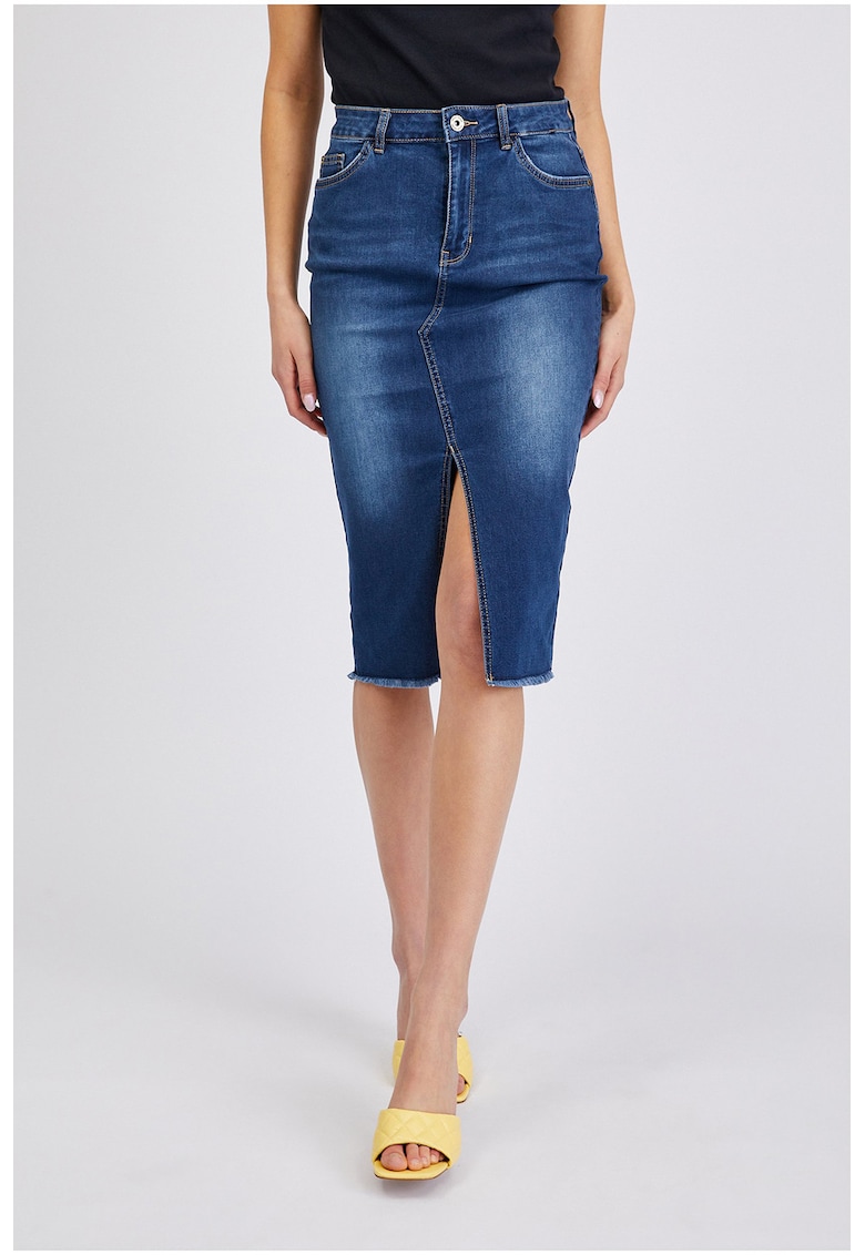 Fusta midi de denim cu slit frontal - Bleumarin