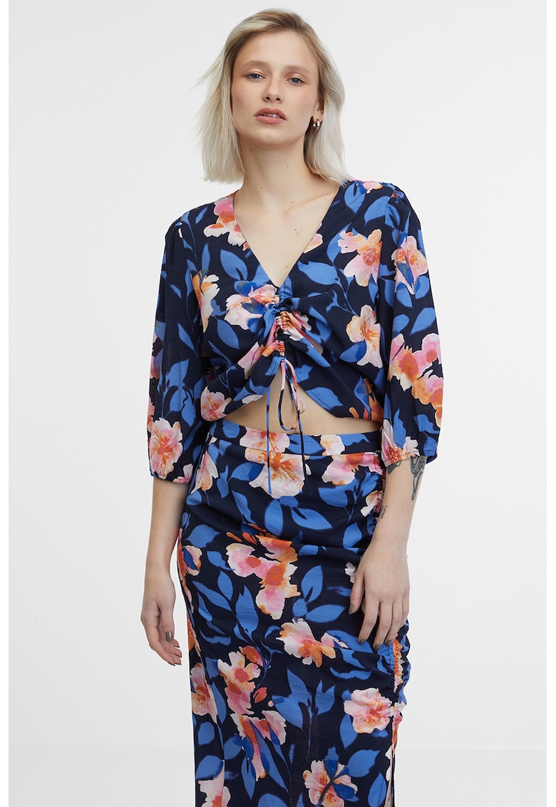 Bluza crop cu imprimeu floral - Piersica/Bleumarin