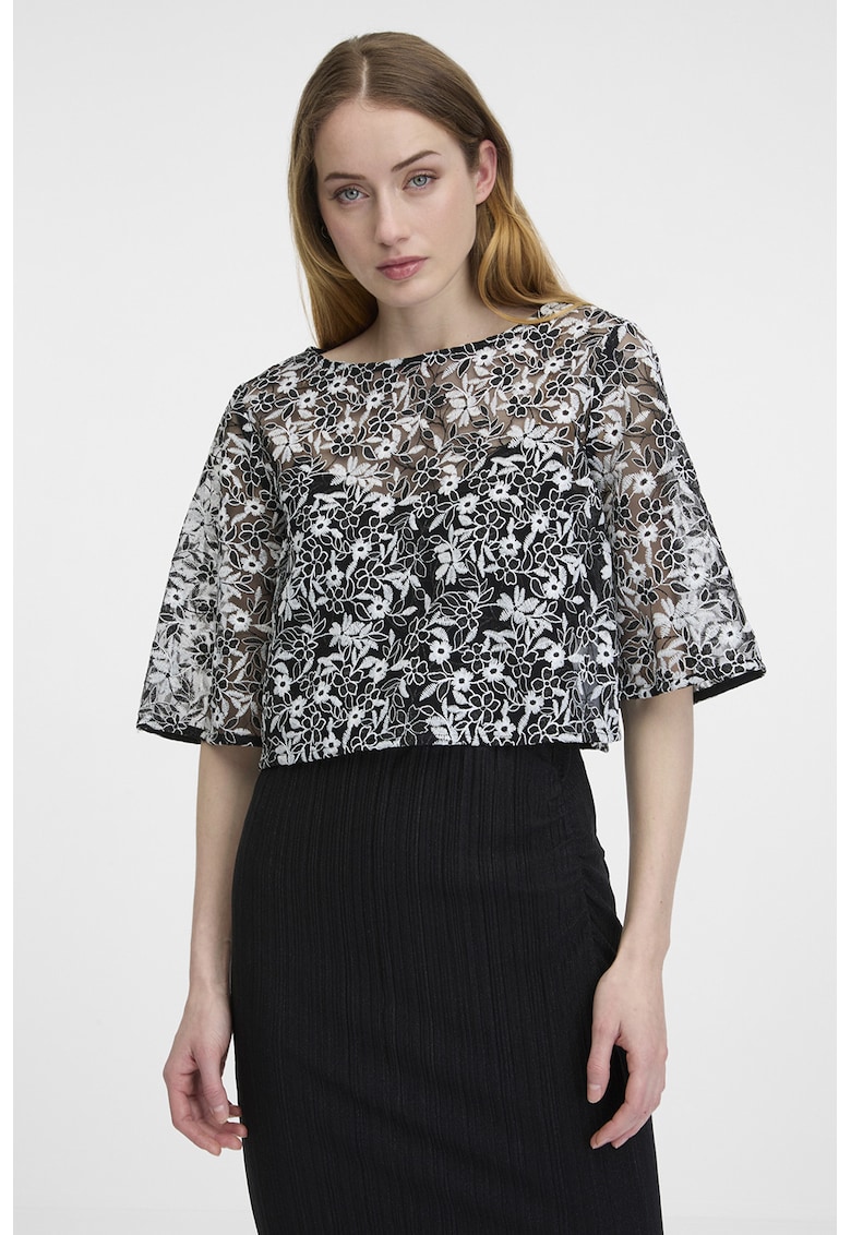 Bluza crop de dantela cu decupaj pe spate - Alb/Negru