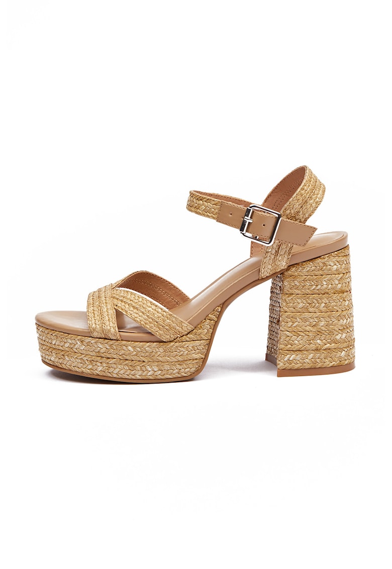 Sandale cu toc inalt si aplicatii de iuta - Bej