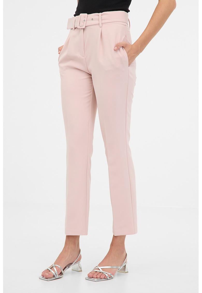 Pantaloni cu talie inalta si curea - Roz pastel