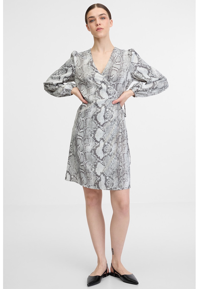 Rochie cambrata cu decolteu in V si model - Alb/Gri inchis