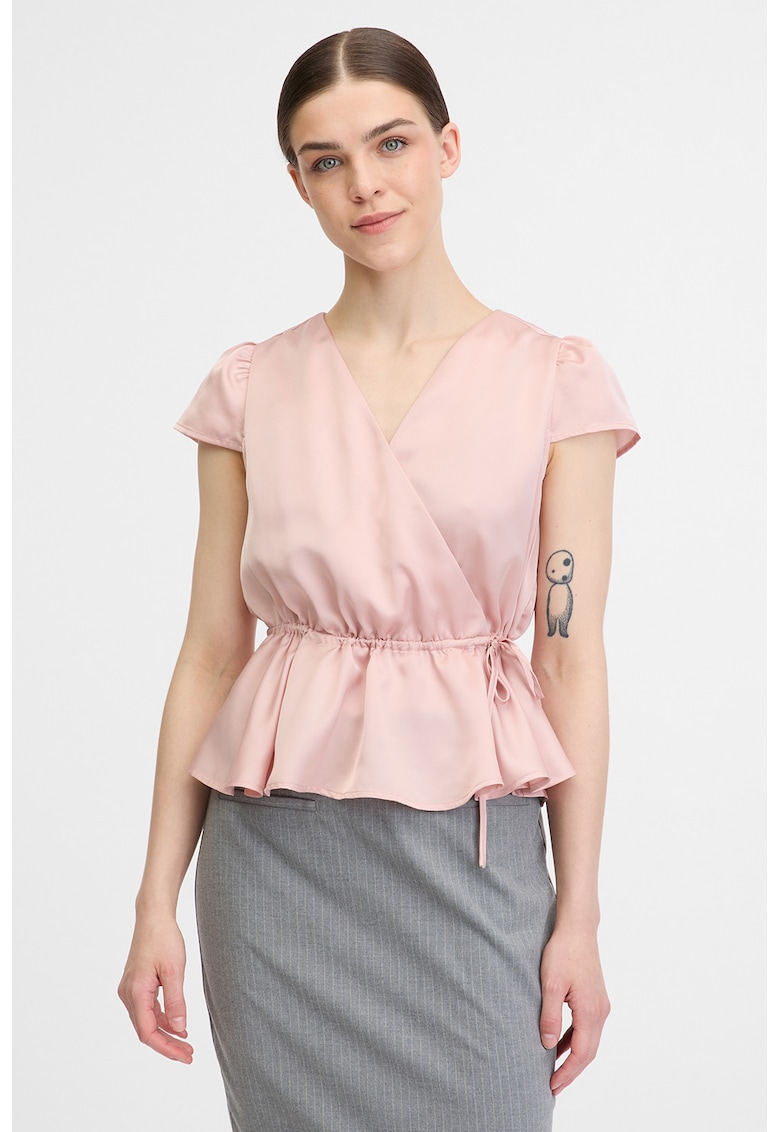 Bluza satinata petrecuta cu maneci scurte si terminatie cu volan - Roz prafuit