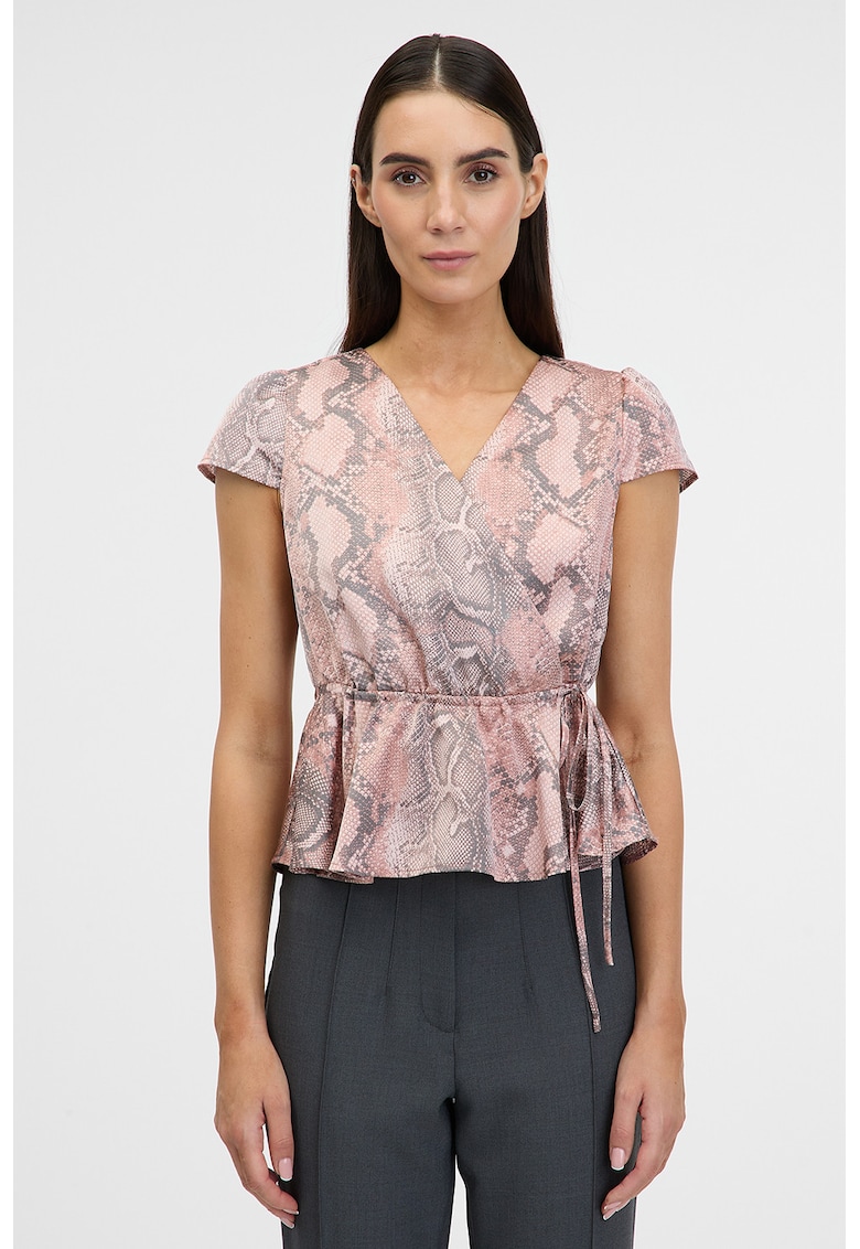 Bluza satinata petrecuta cu maneci scurte si terminatie cu volan - Negru stins/Roz prafuit