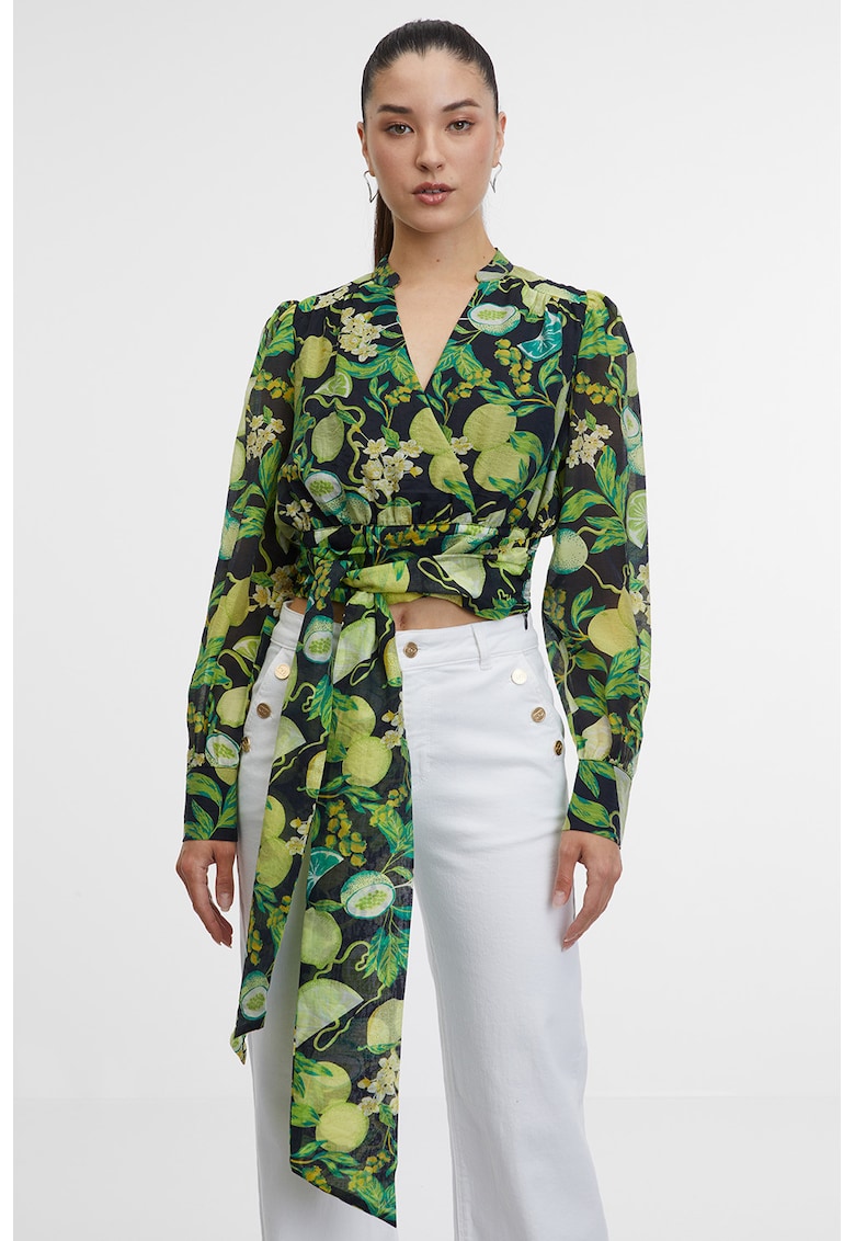 Bluza crop din amestec de lyocell cu decolteu cache-coeur - Verde/Negru