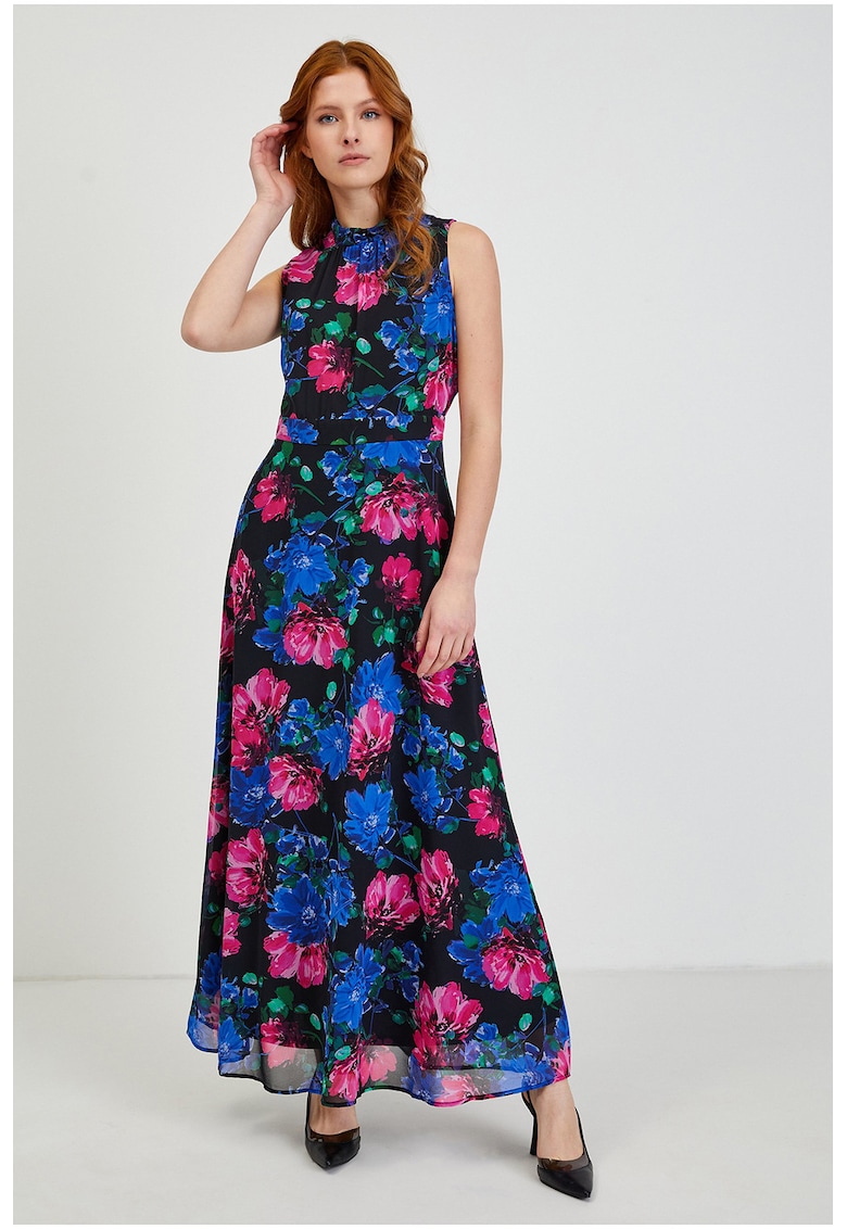 Rochie lunga cu model floral - Negru/Roz/Bleumarin