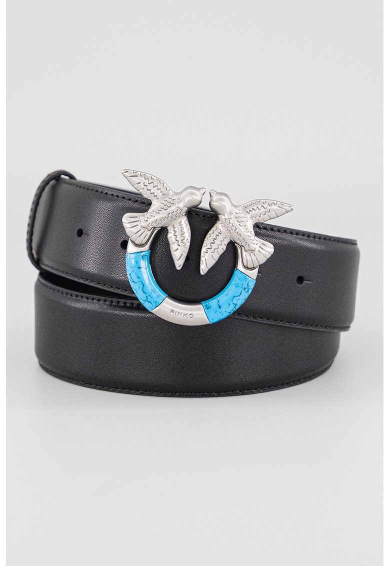 Curea de piele cu catarama cu nit si logo - Black Onyx/Albastru deschis neon