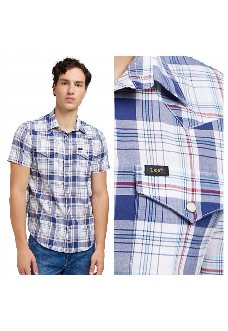 Camasa Barbati - SS Western Shirt - Regular Fit - Maneci Scurti - Cu Nasturidwqf - Design Clasic - Bumbac - M - Multicolor - Albastru