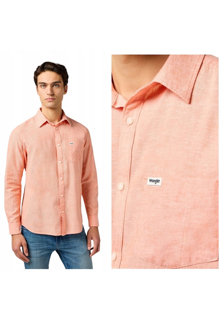 Camasa Barbati - 1PKT Shirt - Regular Fit - Maneci Lungi - Cu Nasturi - Design Clasic - Bumbac - Portocaliu - Portocaliu