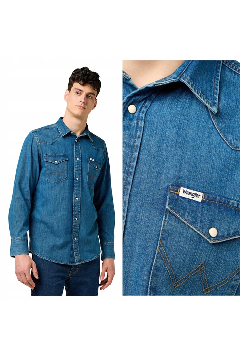 Camasa Barbati - Western Shirt - Regular Fit - Maneci Lungi - Cu Nasturi - Design Clasic - Bumbac - 3XL - Albastru