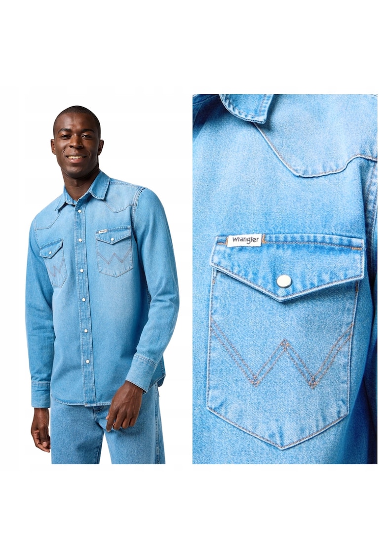 Camasa Barbati - Western Shirt - Regular Fit - Maneci Lungi - Cu Nasturi - Design Clasic - Bumbac - Albastru - Albastru