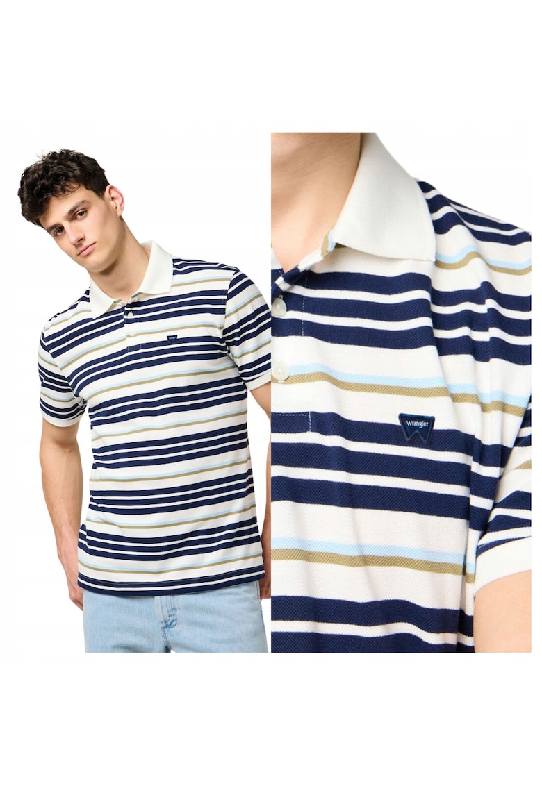 Tricou Polo Barbati - Stripe Polo Shirt - Regular Fit - Maneci Scurti - Cu Nasturi - Design Clasic - Bumbac - Multicolor - Alb