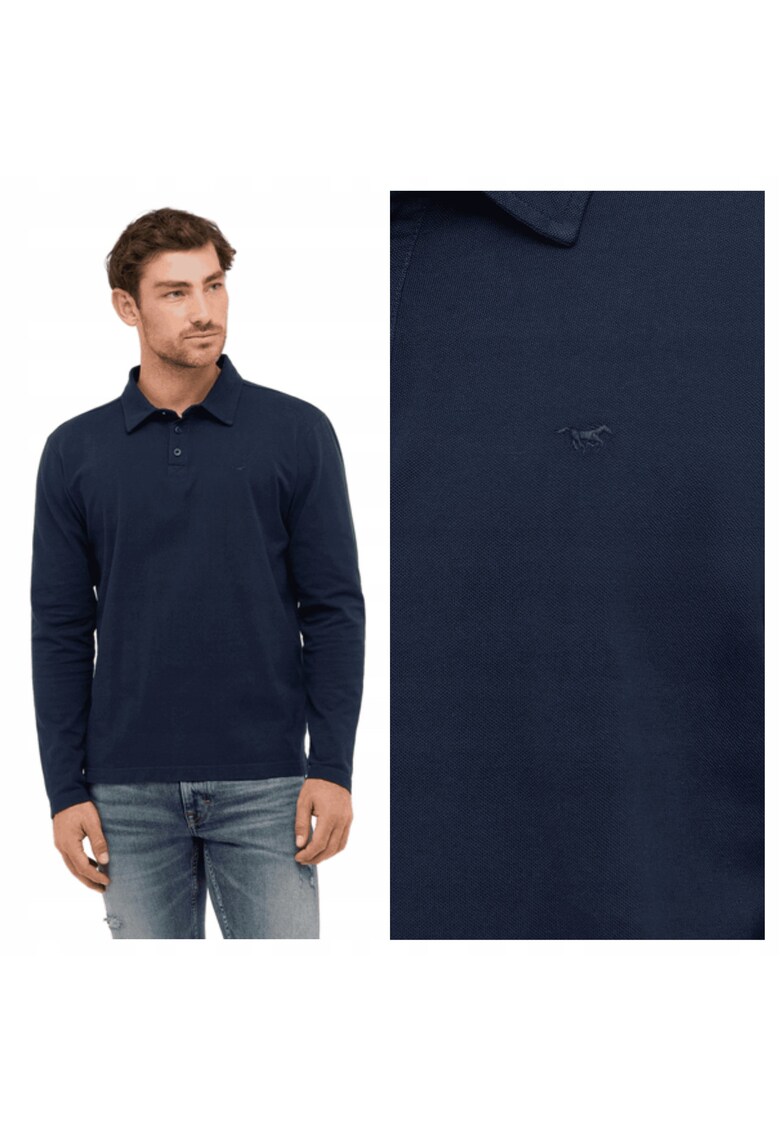 Tricou Polo Barbati - Portis - Regular Fit - Cu Guler - Cu Logo - Design Clasic - Maneci Lungi - Bumbac - Albastru - Albastru inchis