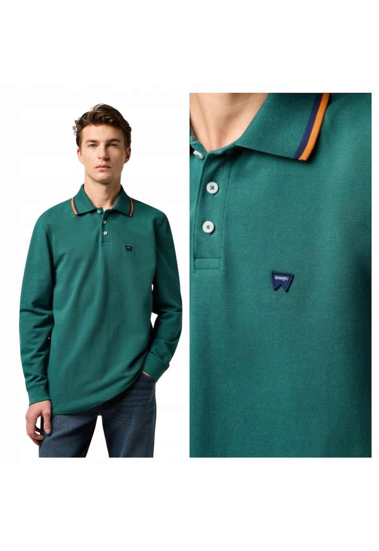 Tricou Polo Barbati - LS Polo Shirt - Regular Fit - Maneci Lungi - Cu Nasturi - Design Clasic - Bumbac - Verde - Verde