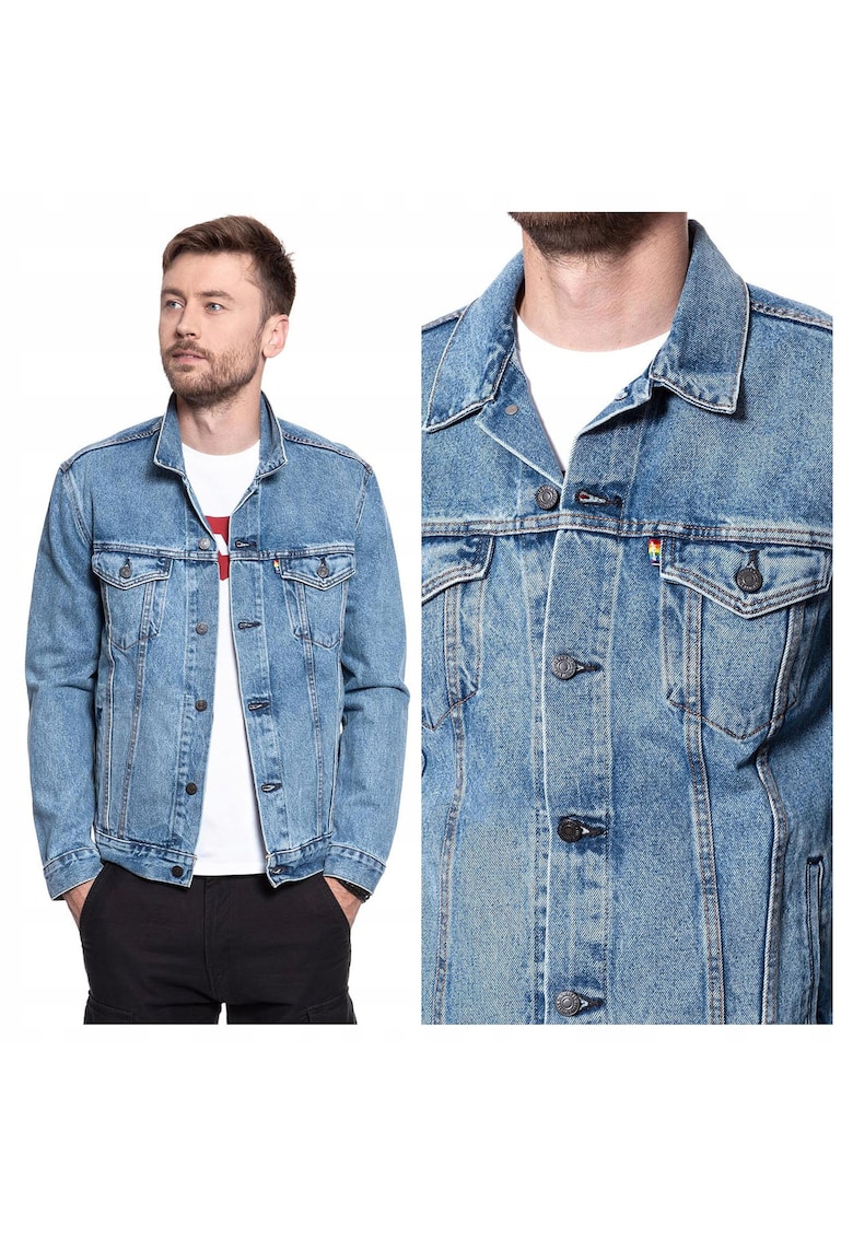 Jacheta Barbati - Pride Community Trucker Jacket - Regular Fit - Denim Design - Fara Gluga - Cu Nasturi - Bumbac - Marime L - Albastru