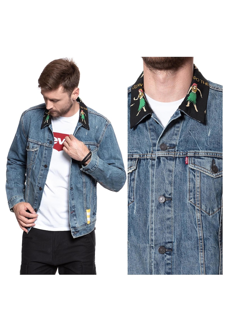 Jacheta Barbati - Trucker Jeans - Regular Fit - Denim Design - Fara Gluga - Cu Nasturi - Bumbac - 2XL - Albastru