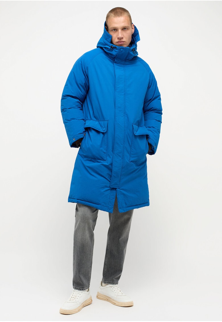 Jacheta Barbati - Long Parka - Regular Fit - Design Clasic - Cu Gluga - Fermoar - Bumbac - Marime L - Albastru