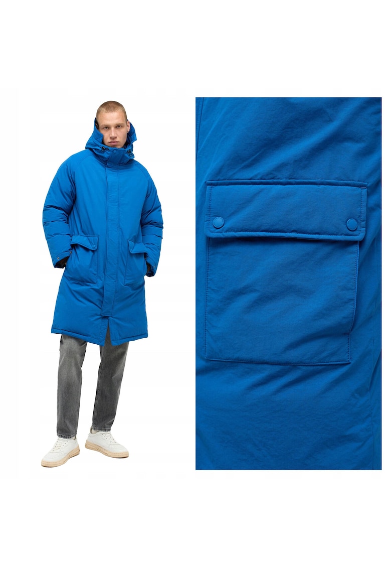 Jacheta Barbati - Long Parka - Regular Fit - Design Clasic - Cu Gluga - Fermoar - Bumbac - Marime L - Albastru