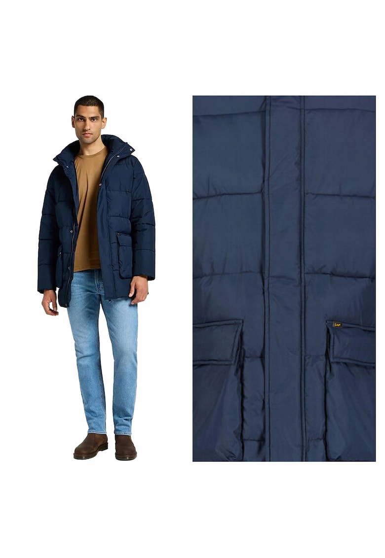 Jacheta Barbati - Long Puffer Jacket - Regular Fit - Design Clasic - Cu Gwqfwqluga - Fermoar - Bumbac - M - Albastru - Albastru