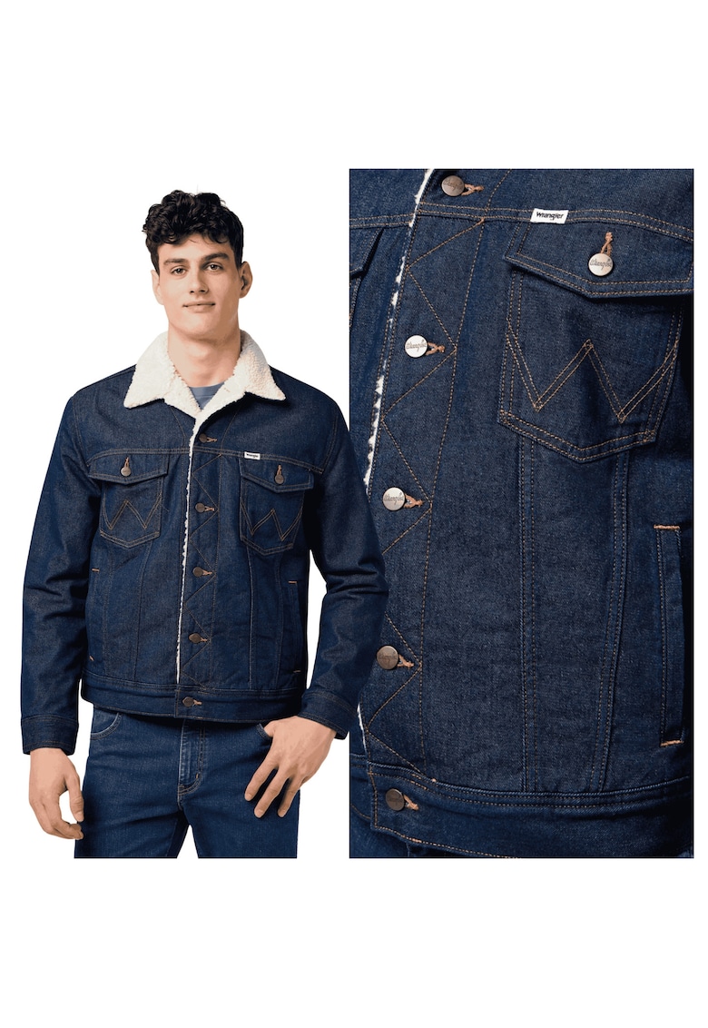 Jacheta Barbati - Sherpa Denim Jacket - Regular Fit - Denim Design - Fara Gluga - Cu Nasturi - Bumbac - Marime M - Albastru