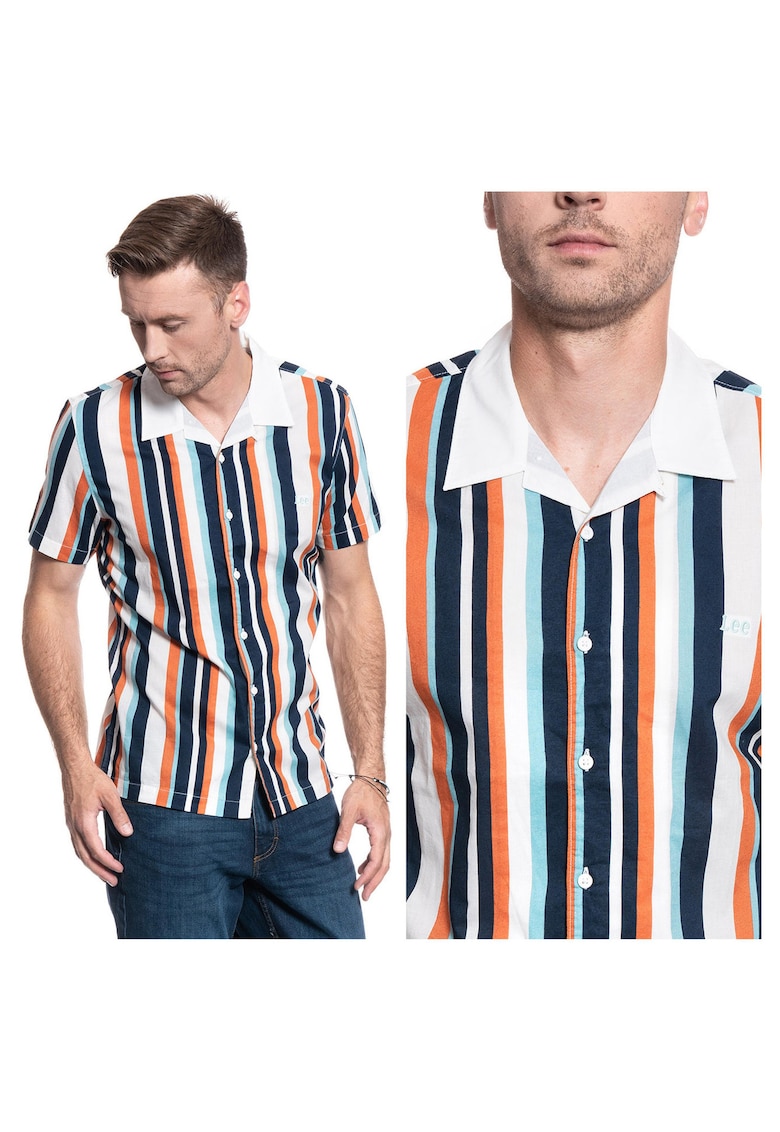 Camasa Barbati - SS Bowling Shirt - Regular Fit - Maneci Scurti - Design Clasic - Cu Nasturi - Bumbac - Marime M - Portocaliu