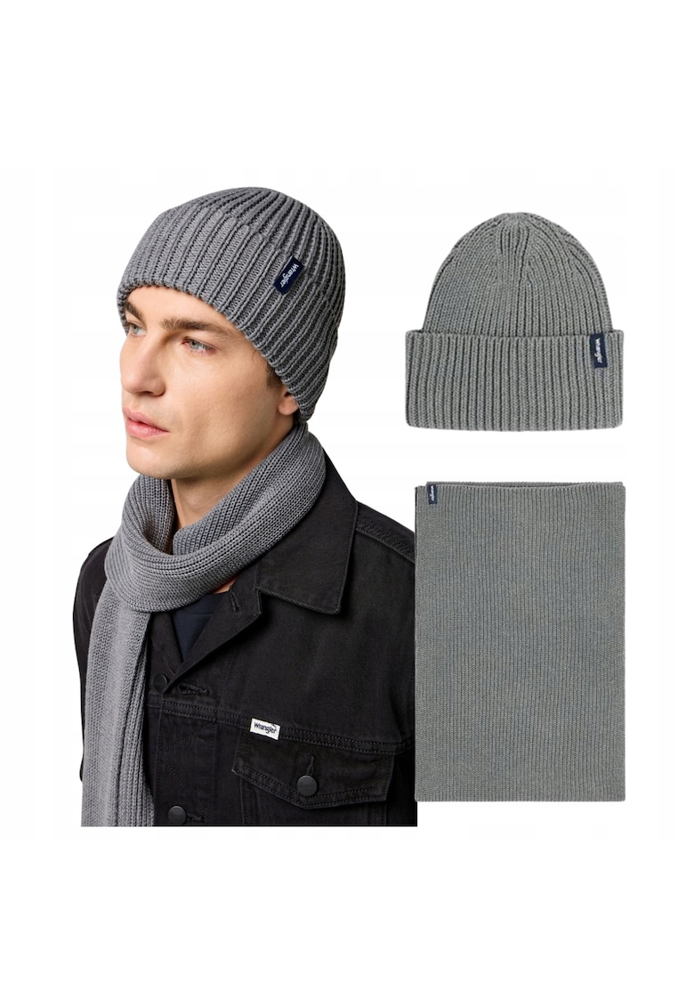 Set Caciula Si Esarfa Barbati - Scarf Beanie Set - Regular Fit - Caldura Si Confortabila - Design Clasic - Cu Logo - Bumbac - One Size - Gri