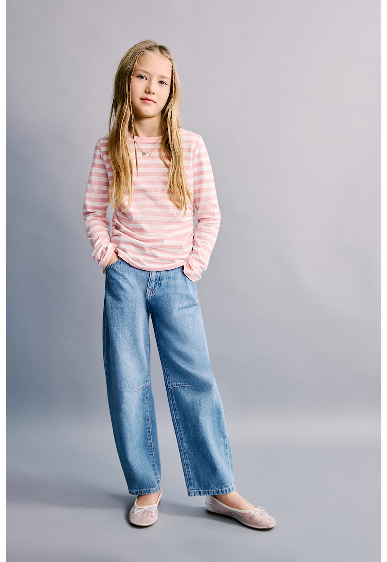 Bluza cu decolteu la baza gatului si dungi - Roz pastel/Alb murdar