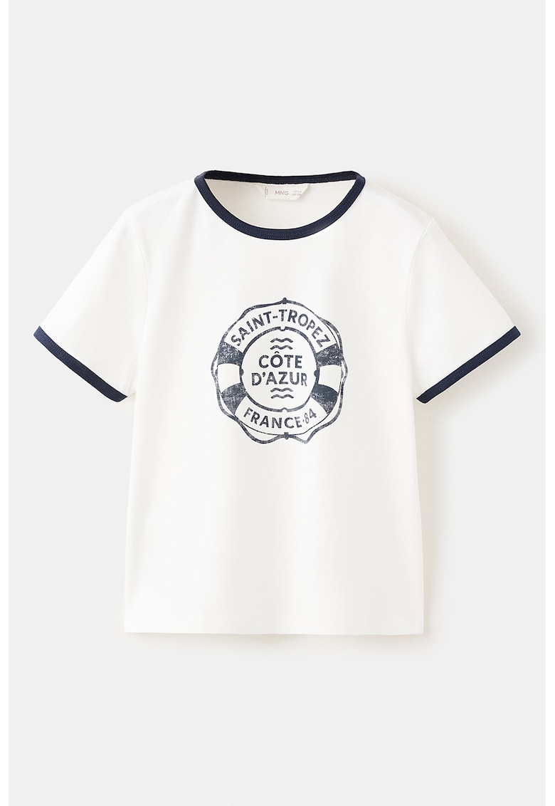 Tricou cu decolteu la baza gatului si imprimeu grafic - Negru stins/Alb murdar