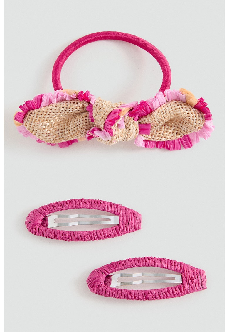 Set de elastic de par cu funda si agrafe - 3 piese - Fucsia/Bej