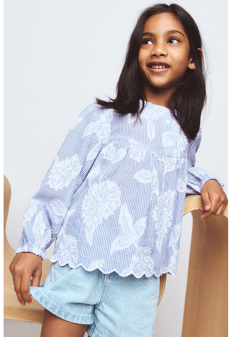 Bluza din bumbac cu model in dungi si broderie - Alb/Albastru